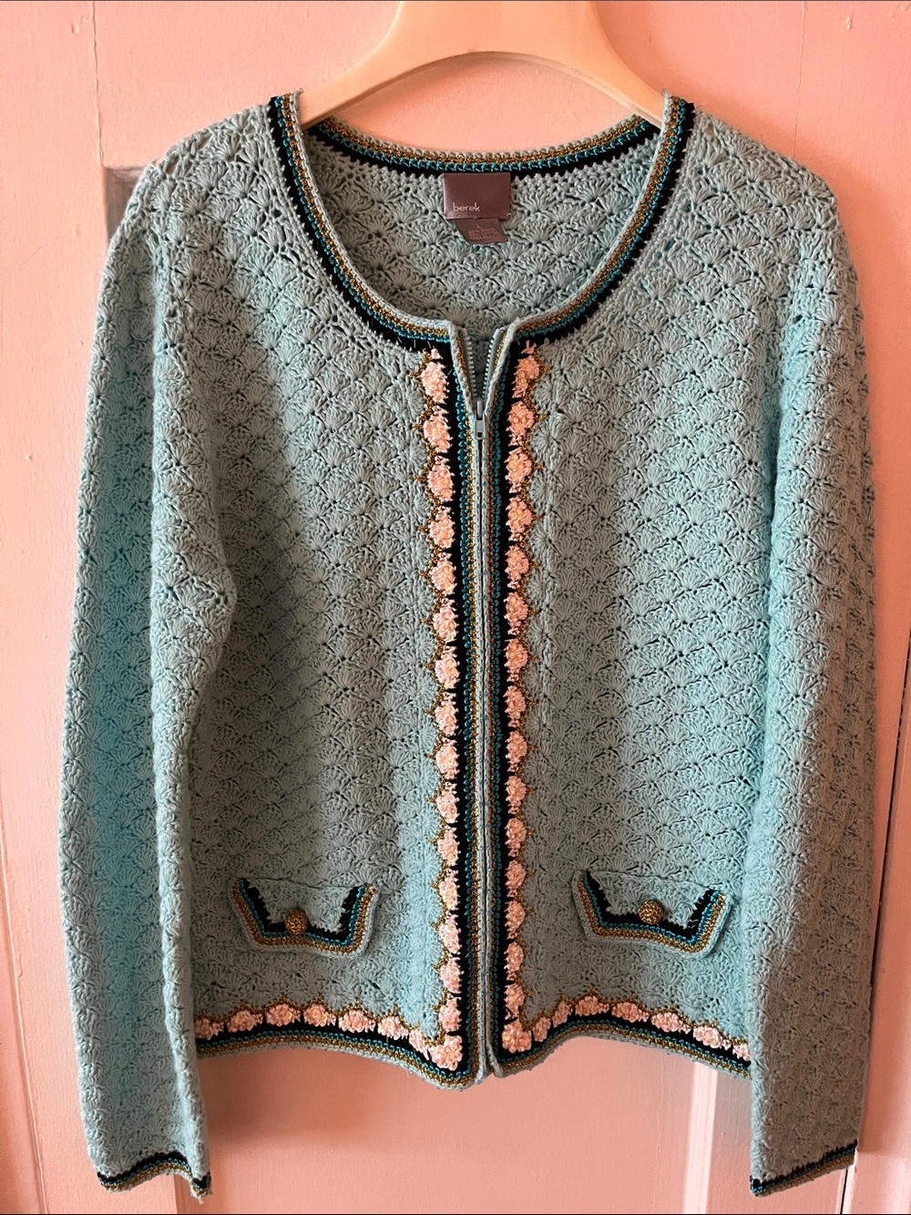 Berek Light Aqua Knit Cardigan Sweater with Decorative Trim